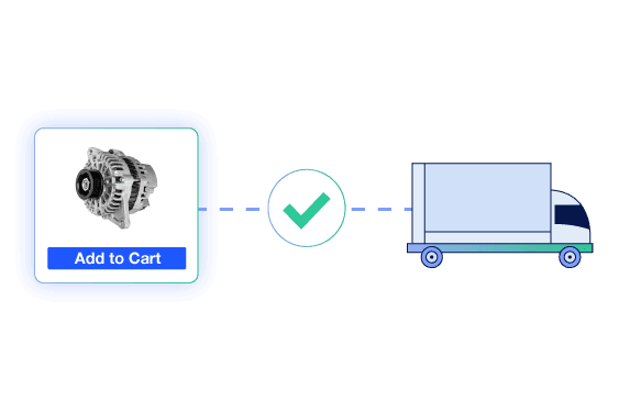 Shipping an alternator: "Add to Cart" leads to a successful delivery on a truck.