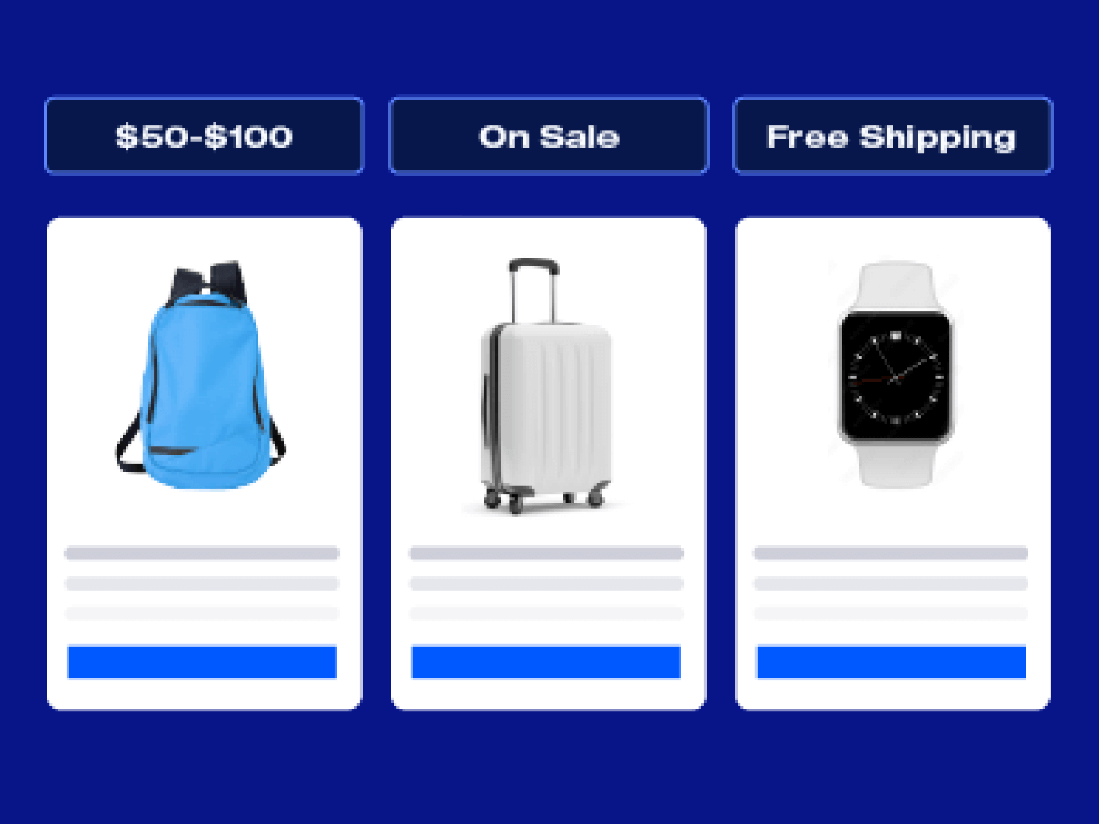 Product data filtering example: backpack, luggage, and smartwatch with price, sale, and shipping filters.