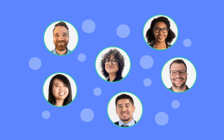 Diverse team of six people on a blue background, representing global support.