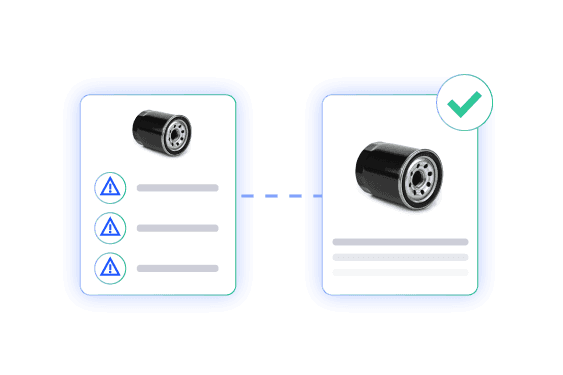 Auto parts data quality control: correcting errors on an oil filter product listing before publishing.